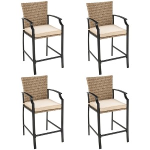 Costway 4PCS Patio Rattan Bar Stool Chairs Cushioned Seat Footrest & Armrest - 1 of 4