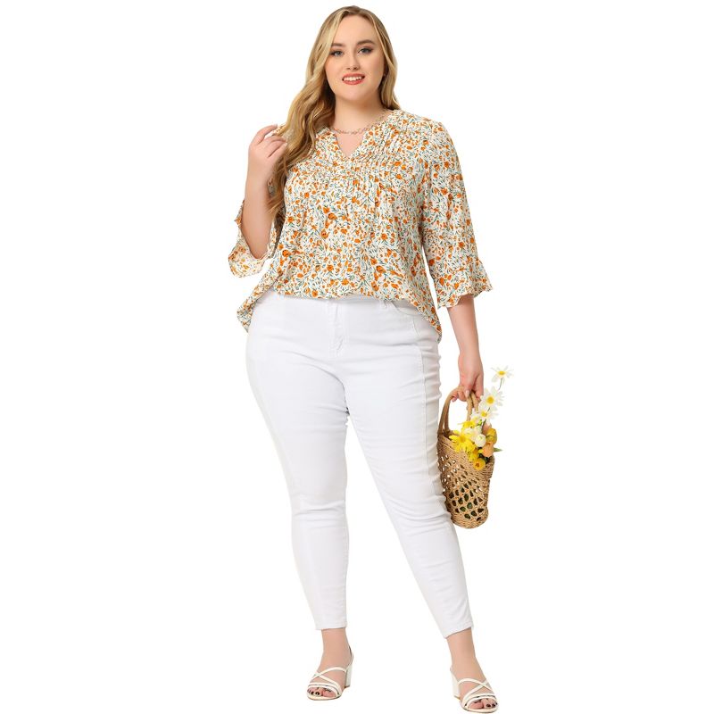 Agnes Orinda Women's Plus Size Pleated Ruffle 3/4 Sleeves Pintuck V Neck Floral Blouses, 3 of 6