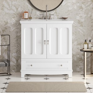 30"W Bathroom Vanity with Ceramic Sink, Bathroom Sink Cabinet with Divided Drawer, Door Organizer & Adjustable Shelf - ModernLuxe - 1 of 4