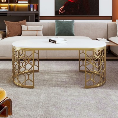 Okak Modern Coffee Table Set of 2 Nesting Tables, Round Side Table for Living Room, Accent Table with Marbling Top Gold Base