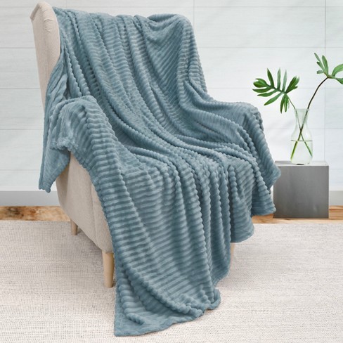 PAVILIA Super Soft Fleece Flannel Ribbed Striped Throw Blanket Luxury Fuzzy Plush Warm Cozy for Sofa Couch Bed Dusty Blue Throw 50x60