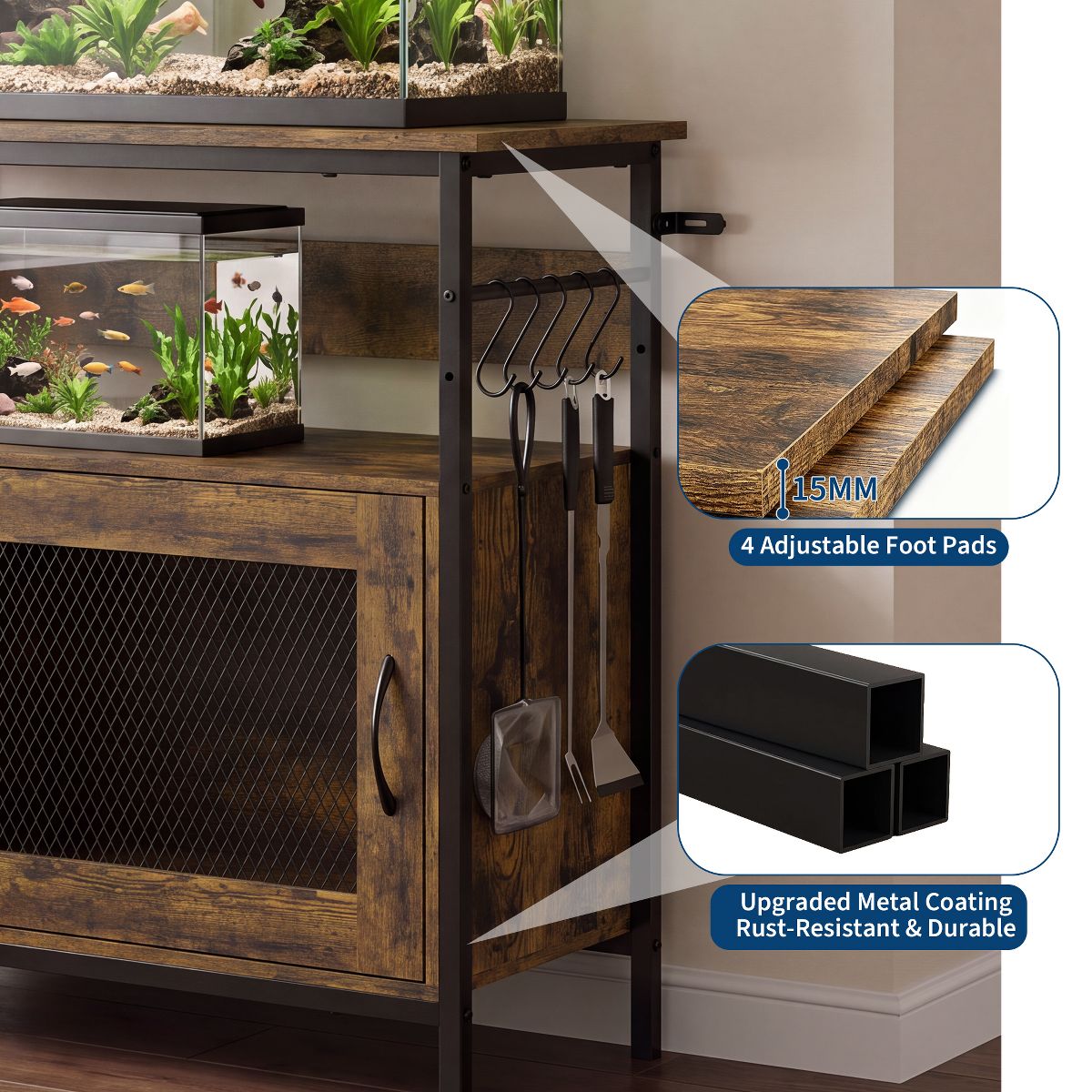 Aquarium Stand with Power Outlet, Aquarium Stand with Storage Cabinet Hooks, 380 Lbs Capacity Reptile Terrarium Stand for Home Office Living Room - thumbnail 10