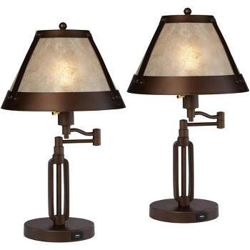 Franklin Iron Works Samuel 21 1/4" High Small Farmhouse Rustic Desk Lamps Set of 2 USB Port Swing Arm with Socket Brown Bronze Finish Metal Charging