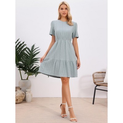 Женские платья INSPIRE CHIC Women's Crochet Boho Casual Short Sleeve Mini Tiered Dresses Large Blue Gray — фото 4