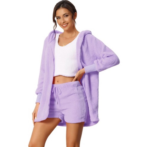 Cheibear Women's Fuzzy Fleece Soft Coat Jacket And Crop Top With Shorts  3-piece Pajamas Lounge Set Purple Xx-large : Target