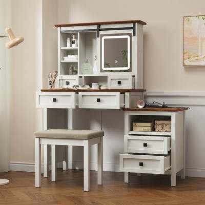 KTMBDW 46.5'' Farmhouse Makeup Vanity Desk with LED Mirror, Rustic Dressing Vanity Table with Side Cabinet and Cushioned Stool for Bedroom, White