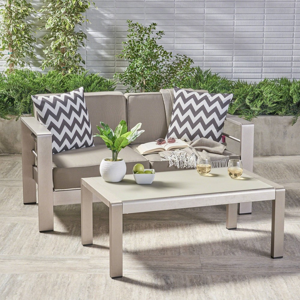 Photos - Garden Furniture Cape Coral 2pc Aluminum Loveseat and Coffee Table Set Khaki - Christopher