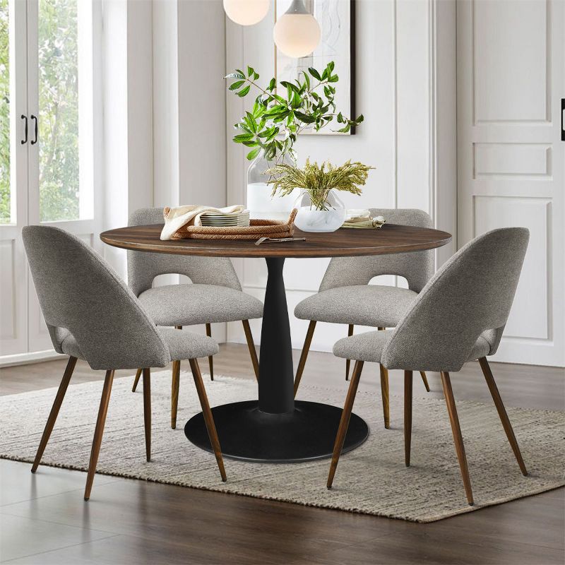 Harold+Edwin 5-Piece Walnut Foil  Round Top Pedestal Dining Table Set with 4 Upholstered Chairs Walnut Legs -Maison Boucle, 1 of 10