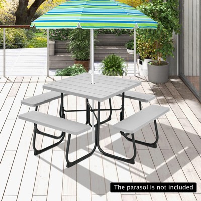 Gray HDPE Outdoor Square Picnic Table with 4 Benches and Umbrella Hole