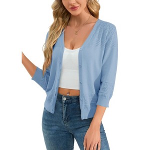 Coolmee Women's Cropped Cardigan 3/4 Sleeve Lightweight Crochet Shrug Hollowed Out Knit Sweater Tops - 1 of 4