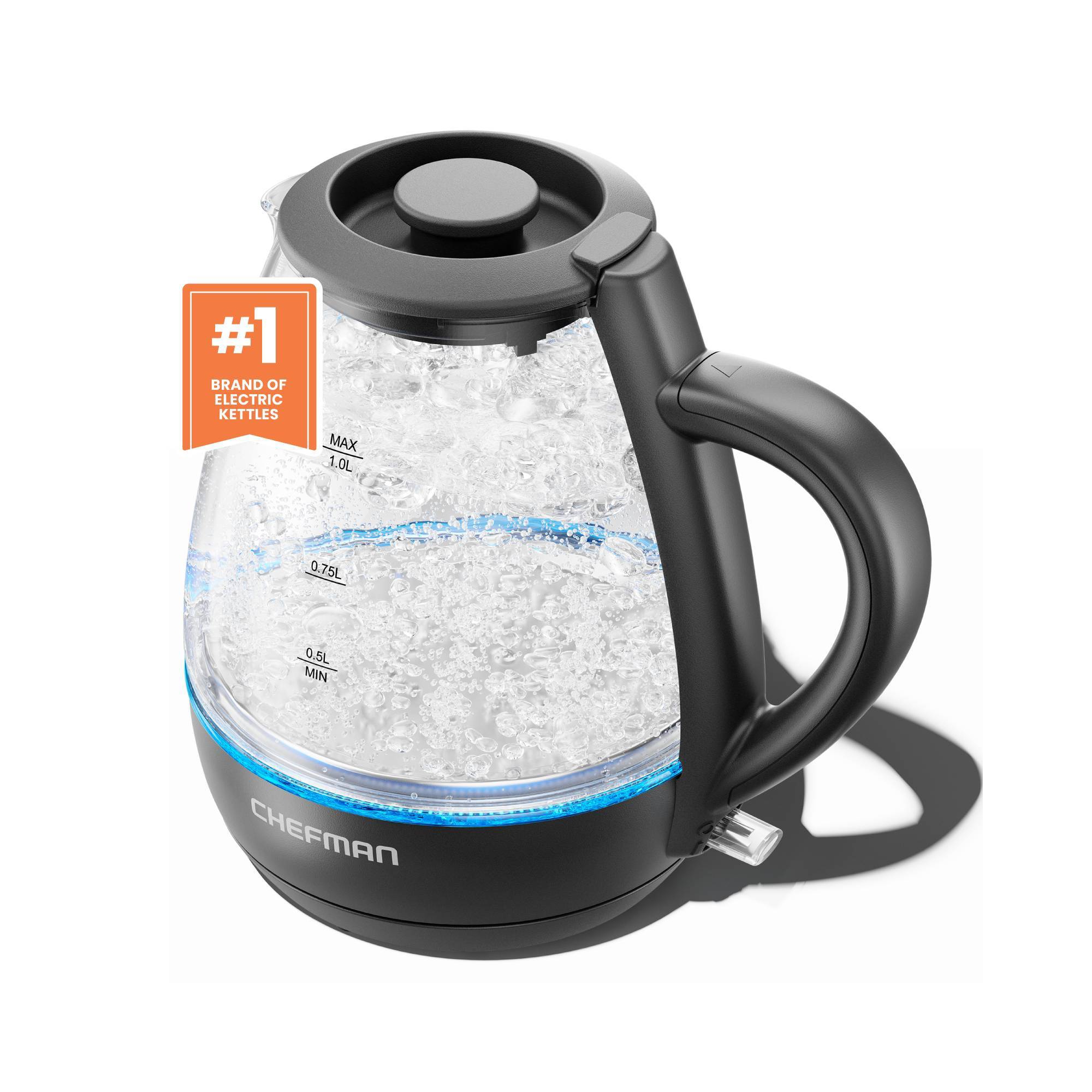 Chefman 1L Rapid-Boil Kettle with Automatic Shutoff - Black: Glass Electric Water Boiler & Warmer, 1500W Tea Heater
