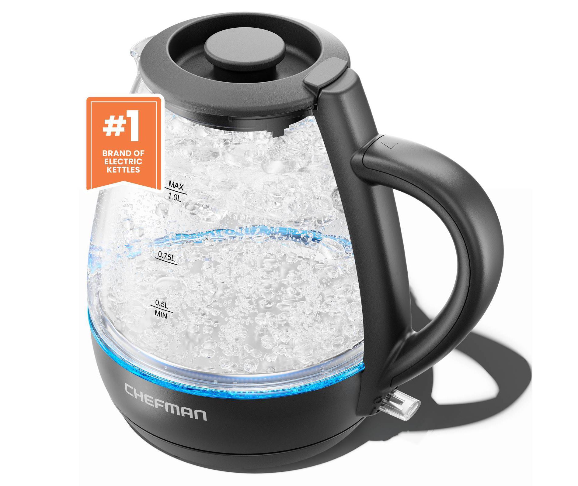 Chefman 1L Rapid-Boil Kettle with Automatic Shutoff - Black: Glass Electric Water Boiler & Warmer, 1500W Tea Heater