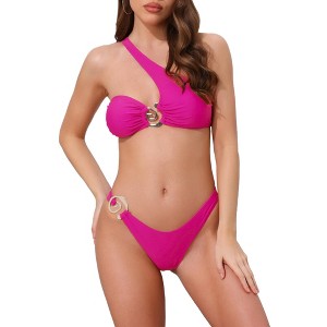 INSPIRE CHIC Women's Asymmetric One Shoulder Strap Metallic Decoration Bikini Sets, Triangle Bottom Swimwear Bathing Suits 1 Set - 1 of 4