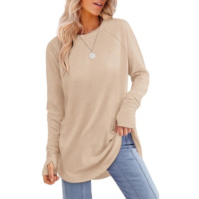 Women's Long Sleeve Tunic Tops Thumb Holes Loose Fit Crew Neck Shirt Curved Hem Fall Casual Blouse Tee Top