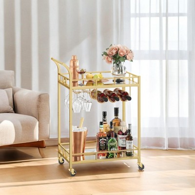 Bar Cart , Home Bar Serving Cart, Wine Cart With 2 Mirrored Shelves, Wine Holders, Glass Holders, For Kitchen, Dining Room