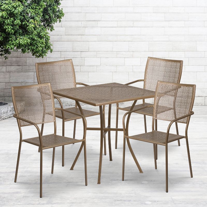 Emma and Oliver Commercial Grade 28" Square Metal Garden Patio Table Set w/ 4 Square Back Chairs, 2 of 5