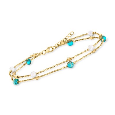 Ross-Simons 5-5.5mm Cultured Pearl and Turquoise Bead 2-Strand Anklet in 18kt Gold Over Sterling Size 9
