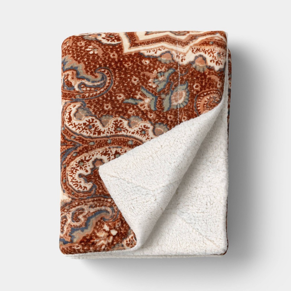 Paisley Printed Plush Throw Blanket with Faux Shearling Reverse Rust - Threshold™