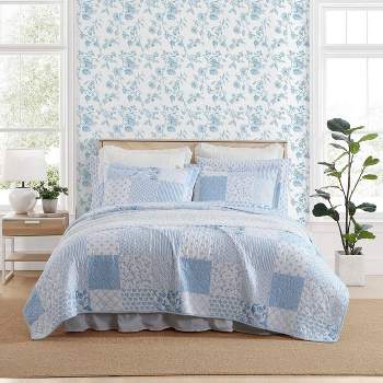Laura Ashley Colleens Coastal Patchwork 100% Cotton Quilt Set Blue