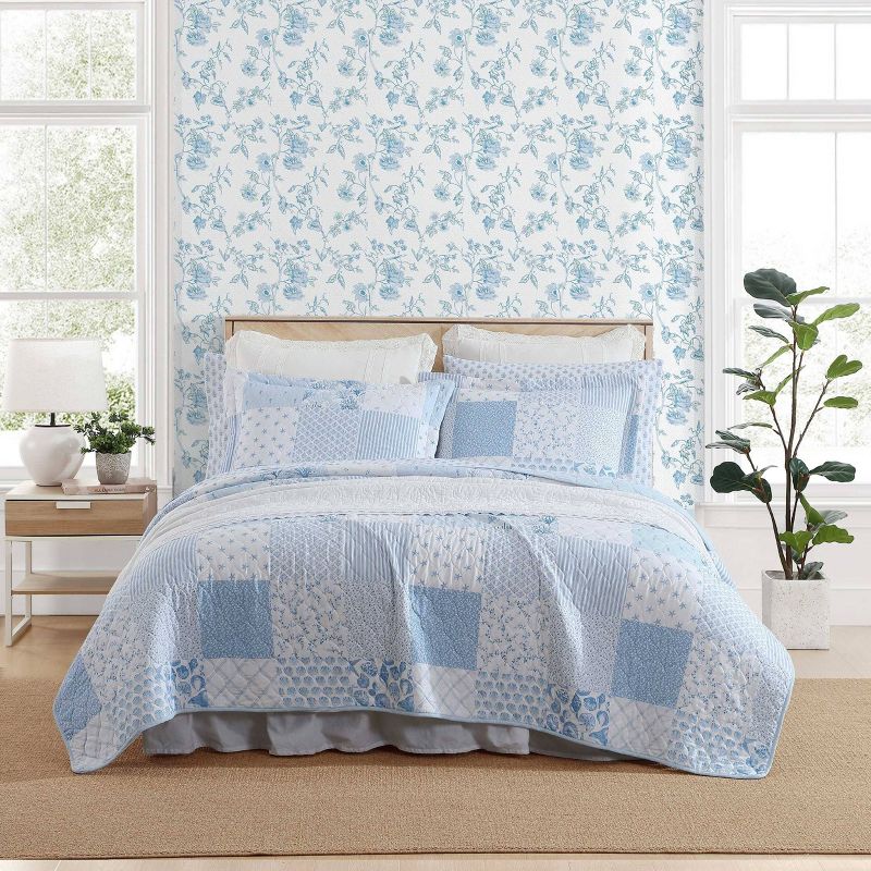 Laura Ashley Colleens Coastal Patchwork 100% Cotton Quilt Set Blue, 1 of 9