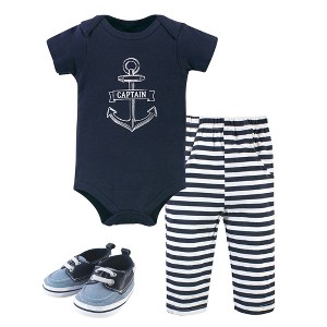 Hudson Baby Infant Boy Cotton Bodysuit, Pant and Shoe 3pc Set, Captain - 1 of 4