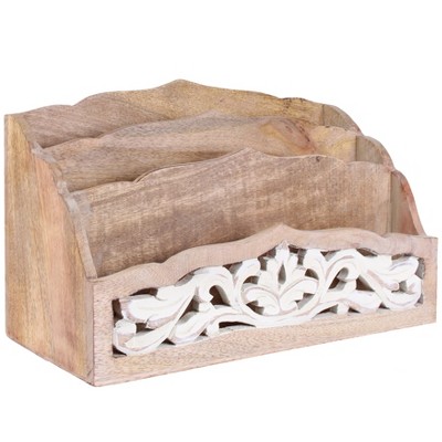 Mela Artisans Wooden Desktop Letter Tray Ellora in Distressed Ivory over Medium Polish Letter Holder