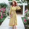 Anna-Kaci Women's Surplice V-Neck Floral Print Tie Wrap Long Sleeve Midi Flared Dress - Medium, Yellow - 3 of 4
