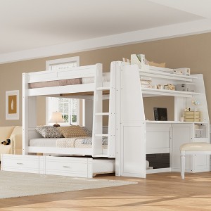 Full Size Multifunctional Bunk Bed with Desk, Bookshelves & Trundle/Drawers - ModernLuxe - 1 of 4