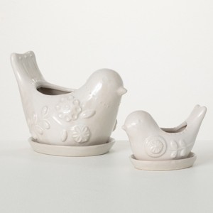 7.5"H Sullivans Raised Floral Bird Planter Set of 2, White - 1 of 4