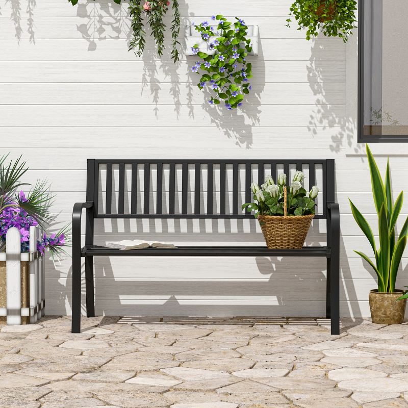 Outsunny 50" Garden Park Bench, Slatted Steel Outdoor Decorative Loveseat for Patio Lawn, 4 of 8