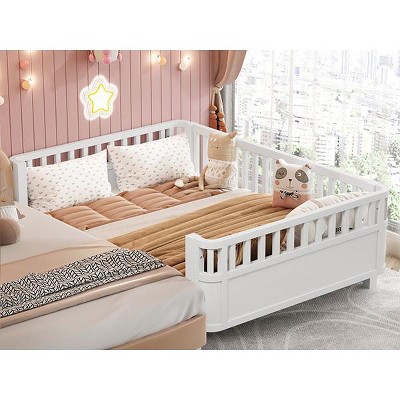 Vynxaria Full Size Wood Platform Bed for Kids Low Profile with Rails Round Corners White for Girls Boys