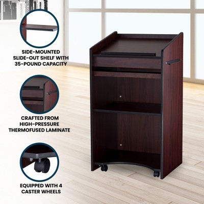 Mahogany Mobile Lectern with Shelves and Casters