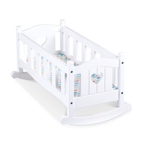 Wooden toy rocking bed cot crib with mattress white dolls toy cradle 20" 