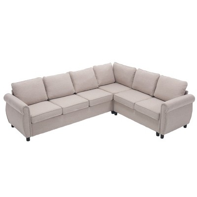 6-Seater L-Shaped Sleeper Combined Sofa Bed, Queen Size Pull Out Sectional Couch w/ High-Density Foam, Easy Assembly