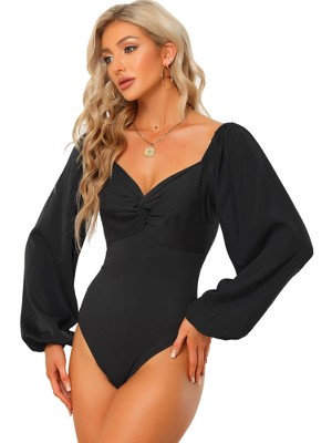 Allegra K Women's Long Sleeve Slim Fit Stretchy Square Neck Leotard  Jumpsuit Black Small