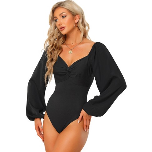 Allegra K Women's Sweetheart V Neck Puff Long Sleeve Bodysuits Black X-Small