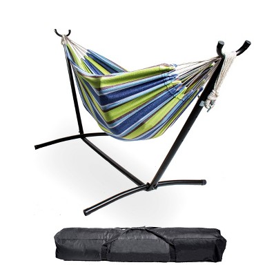 Hanging Hammock Chair with Wooden Arms - Blue/Yellow - Backyard Expressions