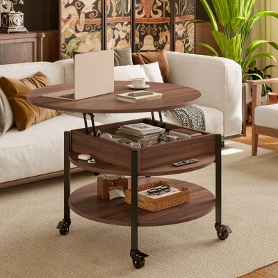 WOWLIVE Lift Top Coffee Table with Storage Shelves and Wheels，Round Casters Cocktail Table with Hidden Compartment for Living Room