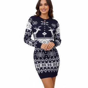 Women's Christmas Reindeer Sweater Dress Crew Neck Short : Target