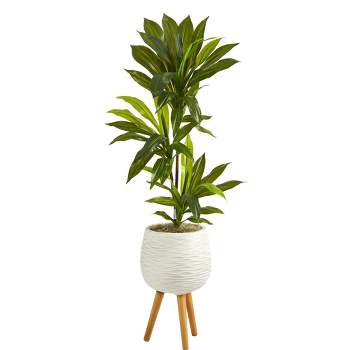 Nearly Natural 46” Dracaena Artificial Plant in White Planter with Stand (Real Touch)