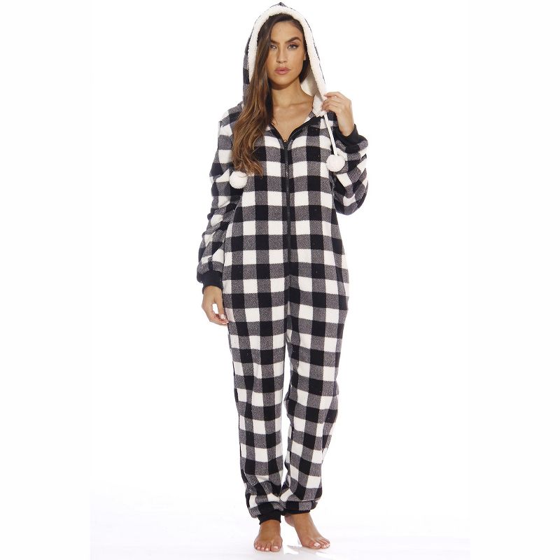 Just Love Womens One Piece Buffalo Plaid Adult Onesie Faux Sherling Lined Hoody Pajamas, 1 of 3