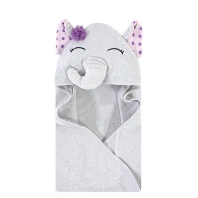 Hudson Baby Infant Girl Cotton Animal Face Hooded Towel, Purple Dots Pretty Elephant, One Size