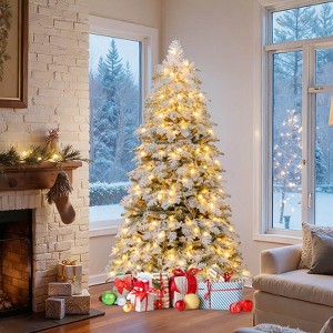 Costway 6/7 FT Artificial Snow-flocked Christmas Tree with 130 Balls, Lights, 616 Branch Tips - 1 of 4