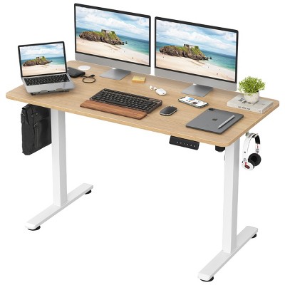GlasFlength Desks Standing Desk Adjustable Height Sit Stand Desk with Splice Board Headphone Hooks for Home Office, Beige, 48.43"*24"*45"