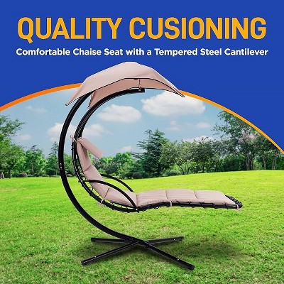 Beige Steel Hanging Chaise Lounger with Cushions and Canopy