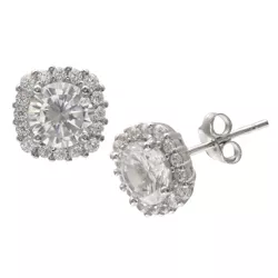 Women's Round Cubic Zirconia Stud Earrings with Pave Square Setting in Sterling Silver - Clear/Gray (10mm)