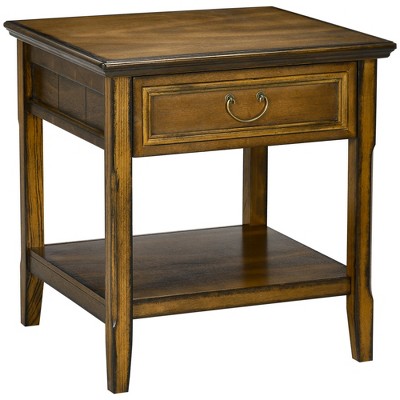 HOMCOM Vintage Farmhouse Side Table for Living Room Storage End Table with Antique Handle Drawer & Shelf, Wooden Side Table, Dark Coffee