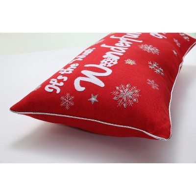 Red Embroidered Christmas Lumbar Pillow Cover with Snowflakes