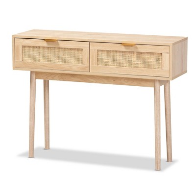 Photo 1 of Baird Wood and Rattan 2 Drawer Console Table Brown - Baxton Studio