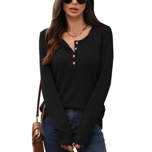 Coolmee Women's Long Sleeve Waffle Knit Shirts Dressy Casual Loose Button Up V Neck Henley Blouse - 1 of 4